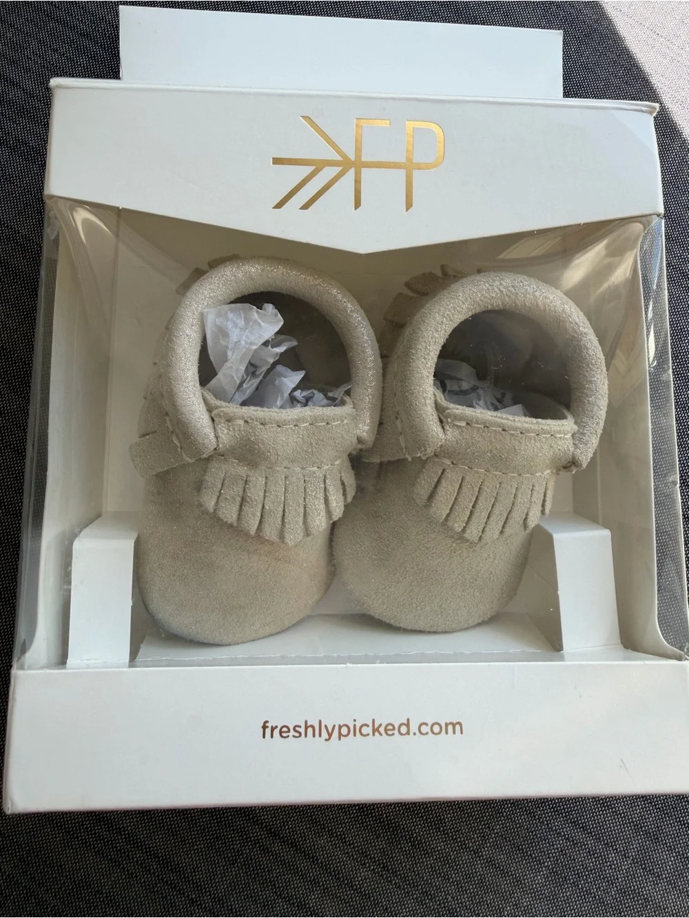 Freshly Picked Tan with Shimmer Suede  Baby Moccasins